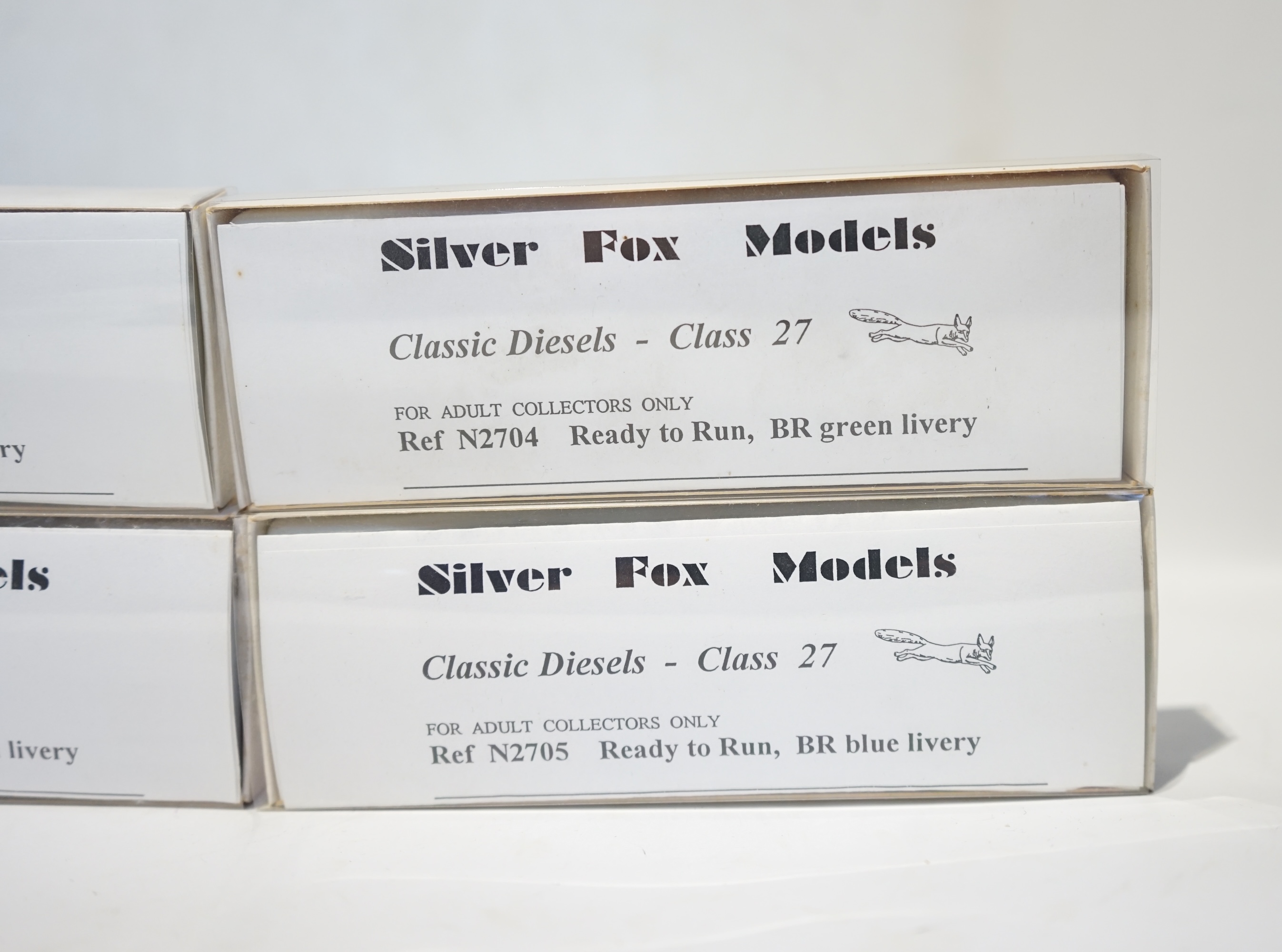 Four boxed Silver Fox Models N gauge BR Bo-Bo diesel locomotives - two Class 24 locos; one in dark green livery, D5102, and one in red and grey, 97 201, and two Class 27 locos; both in dark green livery, D5364 and 27 037